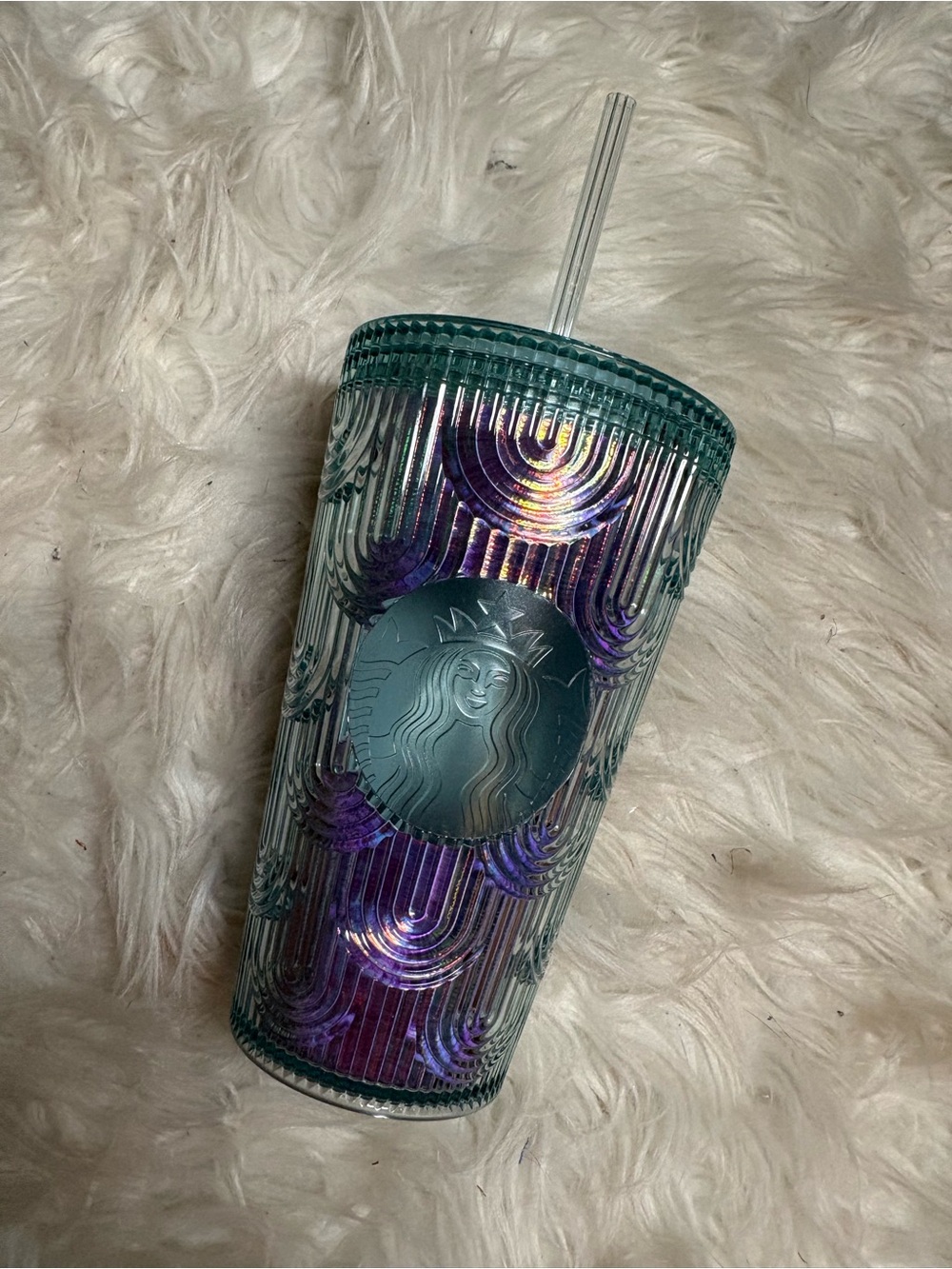 Starbucks Teal Tumbler with Iridescent Purple Accents and Straw